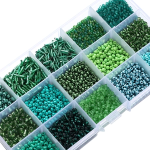 Glass seed bead kit with 15 compartments featuring green tones for DIY jewelry making