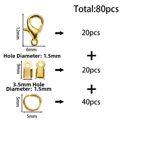 DIY jewelry kit with lobster clasps, jump rings and cord ends in golden finish