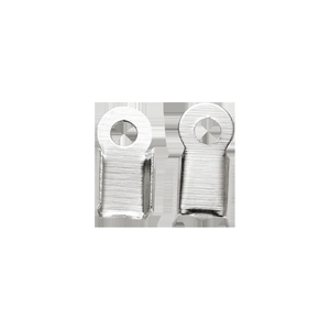 Detailed macro view of brushed silver metal ribbon end crimps with integrated loop hooks
