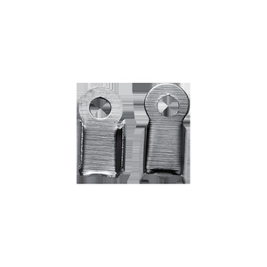 Macro detail of brushed stainless steel ribbon crimp ends for DIY jewelry cord making