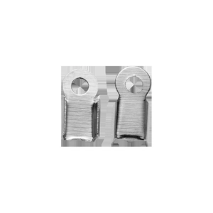 Close-up of silver metal jewelry cord ends with lobster clasp and jump ring attachments