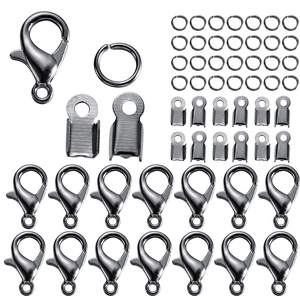 Silver jewelry DIY set with lobster clasps, open jump rings and fold-over cord ends