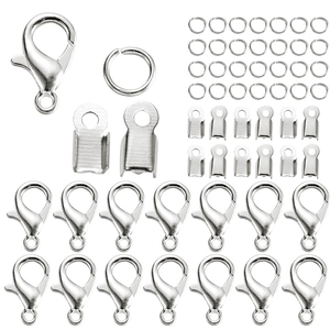Silver DIY jewelry accessory set with lobster clasps, jump rings and fold-over cord ends