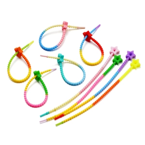 Close-up of colorful gradient star silicone cable ties with non-slip beaded texture
