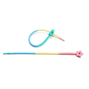 Macro detail of gradient macaron silicone cable tie with star lock for bags