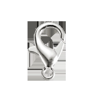 Detailed view of a silver lobster clasp jewelry connector with polished metal finish
