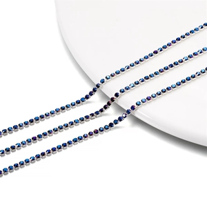 Close-up of 2mm royal blue AB rhinestone claw chain with silver plated base for DIY crafts