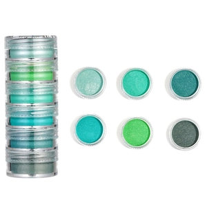 Set of 6 green pearlescent nail glitters and resin pigments in clear stacked containers