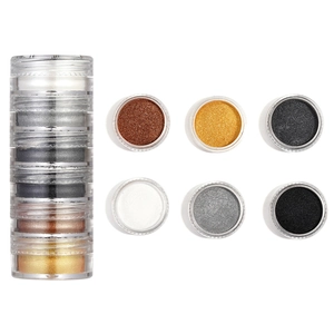 Detail view of 6-color pearlescent nail art glitter powders in stackable jars