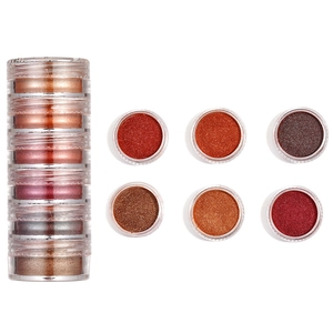 Macro detail of 6-color pearlescent nail art glitter powder sets in clear jars