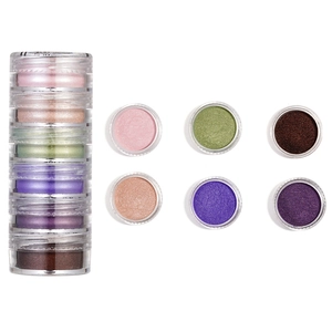 Stackable six-color pearlescent nail art glitter powders in clear screw-on jars