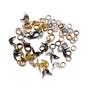 Detailed set of lobster clasps, jump rings, and fold-over cord ends in six metal finishes