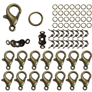 Detail view of antique bronze DIY jewelry kit with lobster clasps and jump rings
