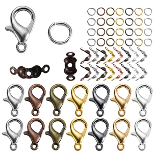 DIY jewelry kit with lobster clasps, jump rings, and crimp bead tips in various colors