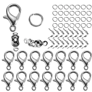 Silver lobster clasps, jump rings, and fold-over crimp beads jewelry making kit
