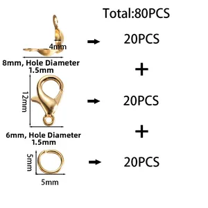 Detailed size chart of gold jewelry repair kit with lobster clasps and jump rings