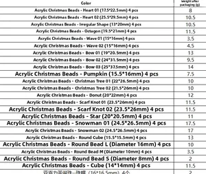 Tabla de tallas de cuentas de acrílico navideñas con dimensiones y pesos para manualidades
