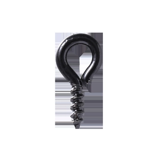 Détail d'un crochet à vis noir avec filetage autotaraudeur pour suspension DIY