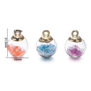 Set of 16mm luminous glass ball pendants with colorful sequins and golden ring caps