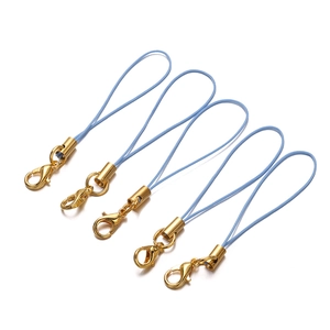 Detail of five light blue DIY phone lanyards with golden lobster clasps on white background