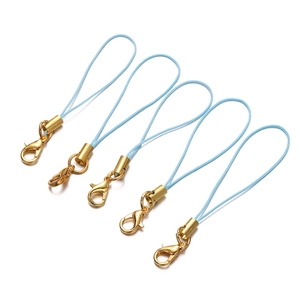 Close-up of five light blue mobile phone lanyards with golden lobster claw clasps