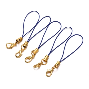 Close-up of five dark blue DIY phone lanyards with gold-plated lobster clasps and tubes