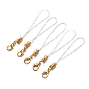 Detailed view of five white phone lanyards with premium gold-plated lobster clasps