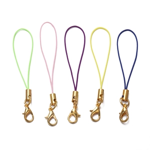 Detail showing five colorful phone lanyards with gold-plated lobster clasps and cord ends