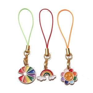 Rainbow smiley face and flower charms with gold lobster clasp and colorful braided lanyards