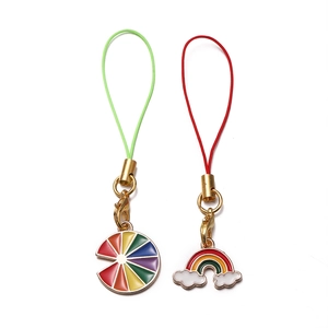 Colorful rainbow and tiered disc charms with gold lobster clasp and durable cord