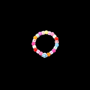 Macro detail of colorful children's DIY bracelet with alphabet beads and rose pendant