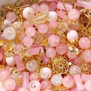 Pink crystal glass crackle beads and gold metal charms DIY jewelry making set