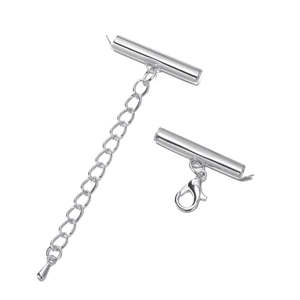 Detail of metal slider end caps with lobster clasp and extension chain for jewelry DIY