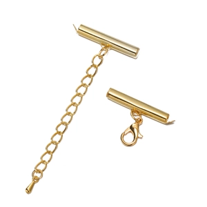 Detailed view of golden slide tube end clasps with lobster clasp and extension chain set