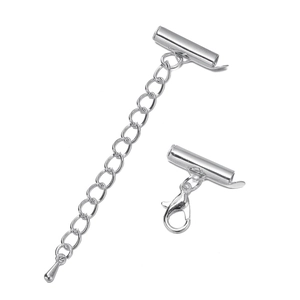 Detailed view of silver lobster clasp and slider end caps with extender chain set
