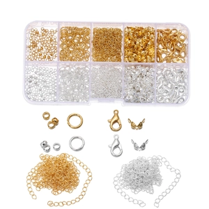 Kit para Crear Joyas DIY Fornituras Anillas Mosquetones Cuentas de Engaste Cadenas de Extensión Caja Dorado Plateado