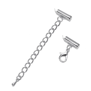Detailed view of silver slide end tubes with lobster clasp and extender chain set