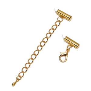 Close-up of golden jewelry slide end cap with lobster clasp and teardrop extension chain