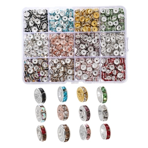 DIY jewelry making kit featuring 12 colors of rhinestone rondelle spacer beads in a box