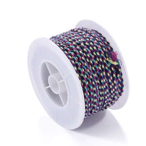 Detailed close-up of multi-color braided cotton cord on a white plastic spool