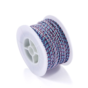 Close-up of pink, purple and blue braided cotton cord on a white plastic spool