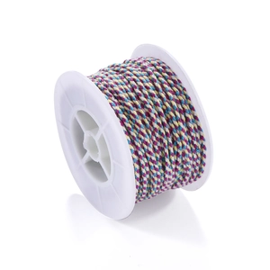 Macro detail of multi-color woven cotton cord on white spool for DIY jewelry making