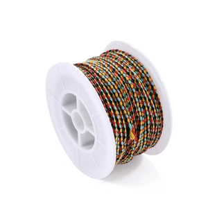 Detail of four-color woven cotton cord on white spool showing durable texture and pattern