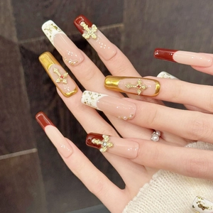 Luxury Handcrafted Coffin Press On Nails Gold Cross Charms Artificial Pearls Burgundy Red French Style Long Nails For Women Decorative Manicure