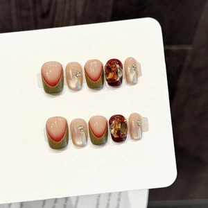 Faux Ongles à Coller Faits à la Main Vert Olive Ambre Avec Strass de Luxe Künstliche Perles Réutilisables Élégants Pour Femmes Fête