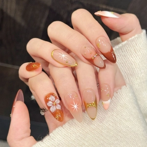 Handmade Press On Nails Long Almond Gradient Pink Amber Nails With 3D Flower Star Rhinestone Artificial Pearl Decoration
