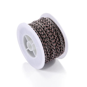 Detailed macro view of three-color braided DIY cord in pink, black and grey on spool
