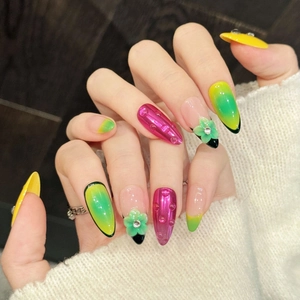 Handmade Almond Press On Nails With 3D Relief Flowers Gradient Metallic Texture Rhinestone Inlaid Fashion Nail Art For Women