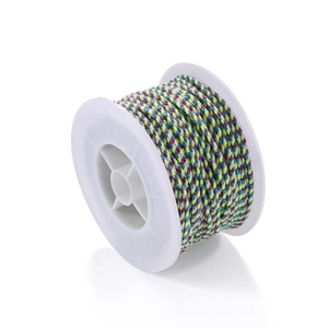 Close-up of four-strand braided multi-color cotton cord on a white plastic spool
