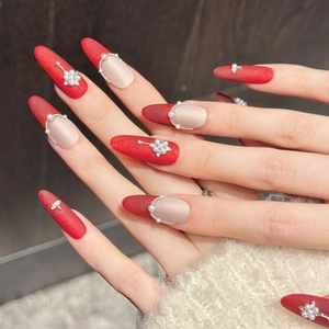 Faux Ongles à Presser Faits à la Main Rouge Vin Velours Künstliche Perle Strass Ovale Long Style Chinois Vintage Mariage Femme